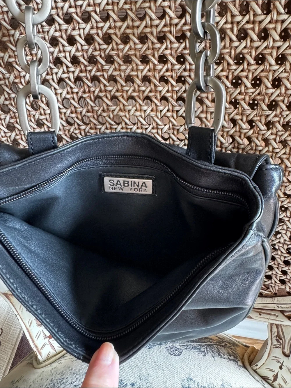 Sabina New York Black Leather Shoulder Bag with Silver Hardware